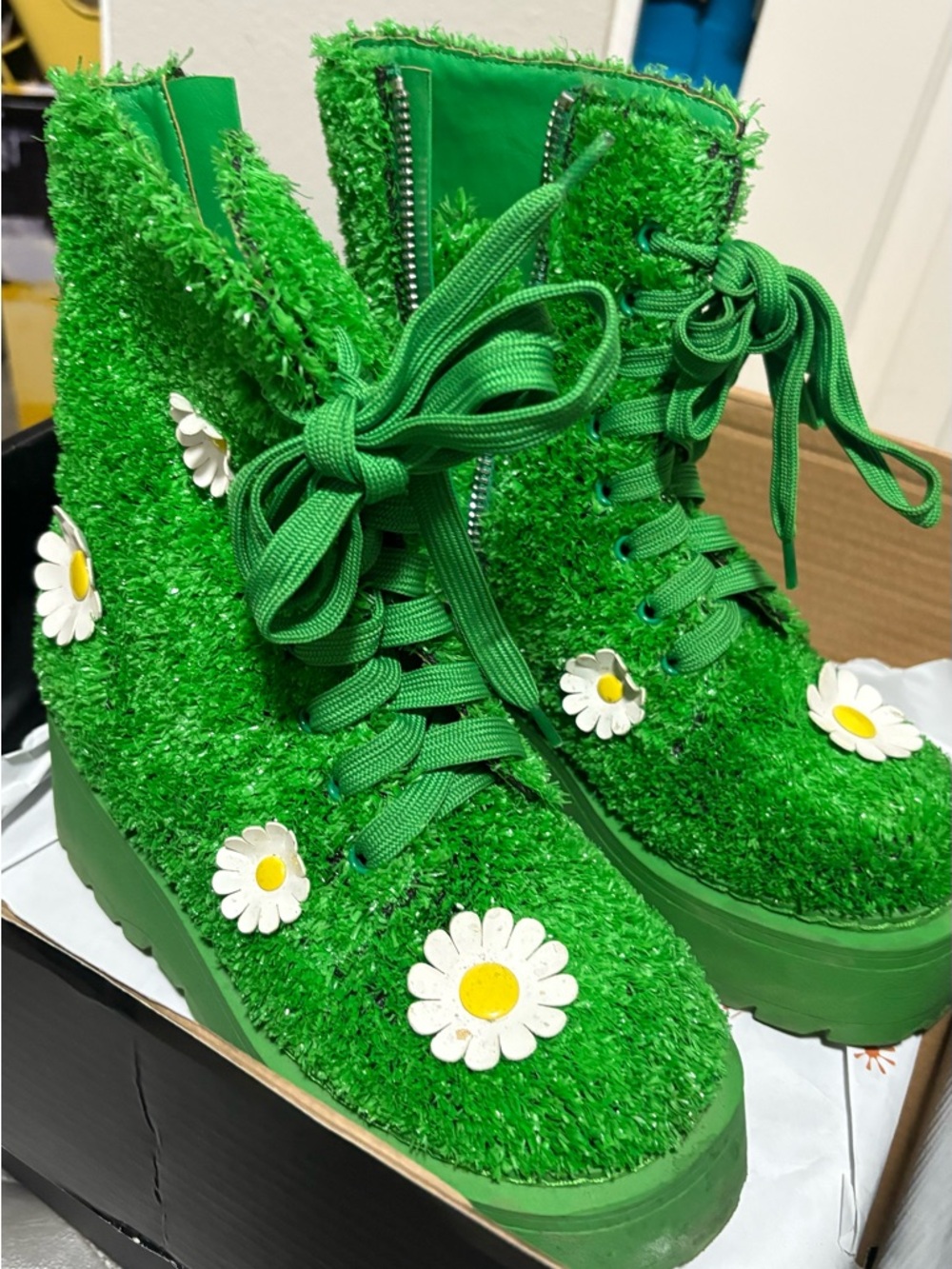 Dolls Kill Green Grass Daisy Combat Boots
